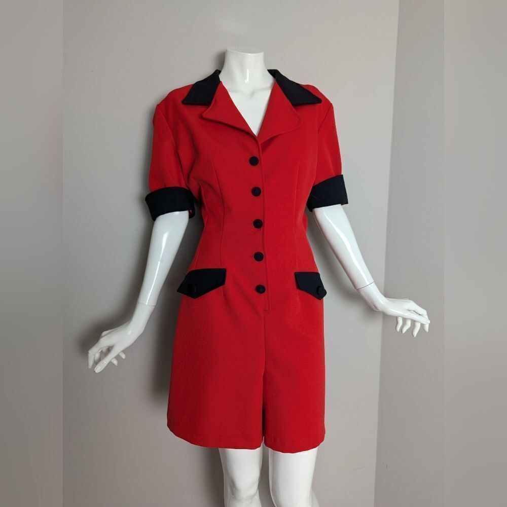 Vintage Red Romper Women’s 9/10 – Black Accents, Button Front, 80s Flirty Style